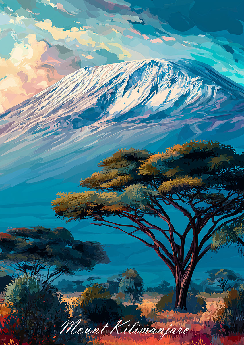 Artwork of Mount Kilimanjaro with vibrant skies and lush landscapes.